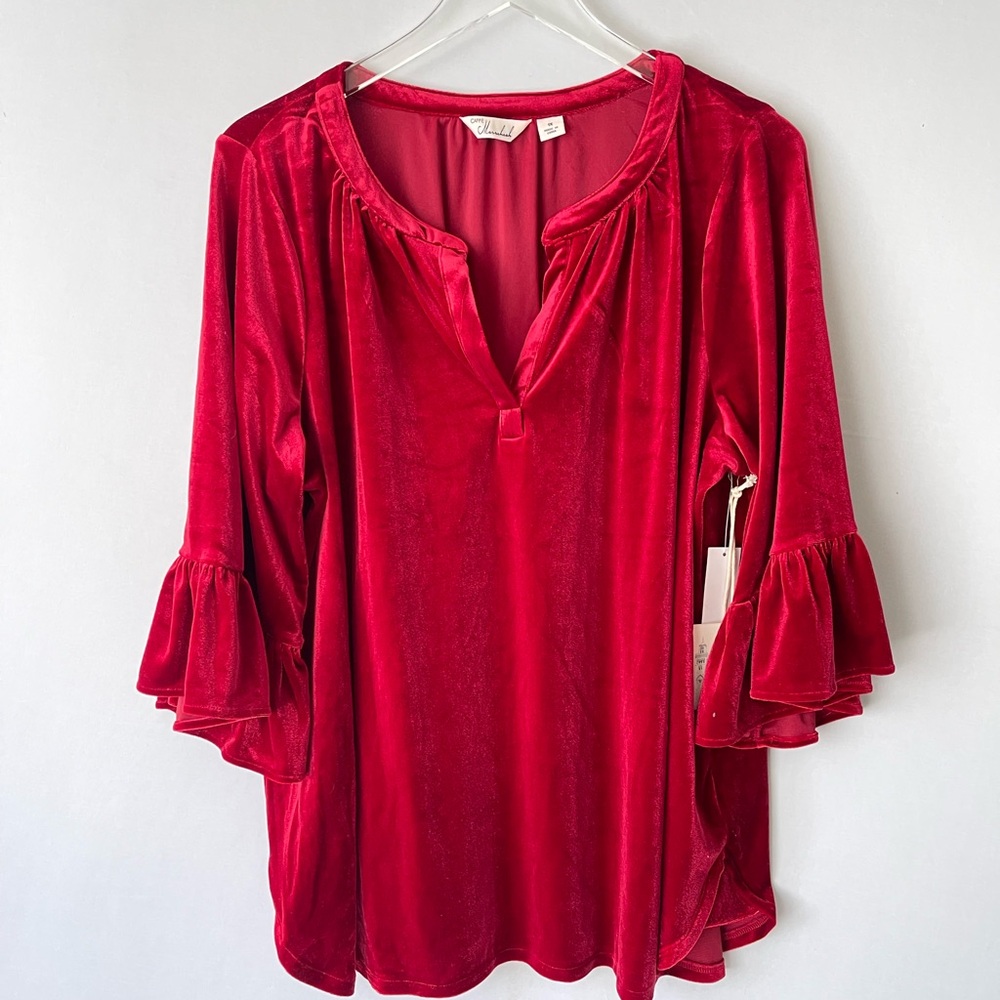 NWT Red Velvet 3/4 Ruffle‎ Sleeve V Neck Tinic Top 1X